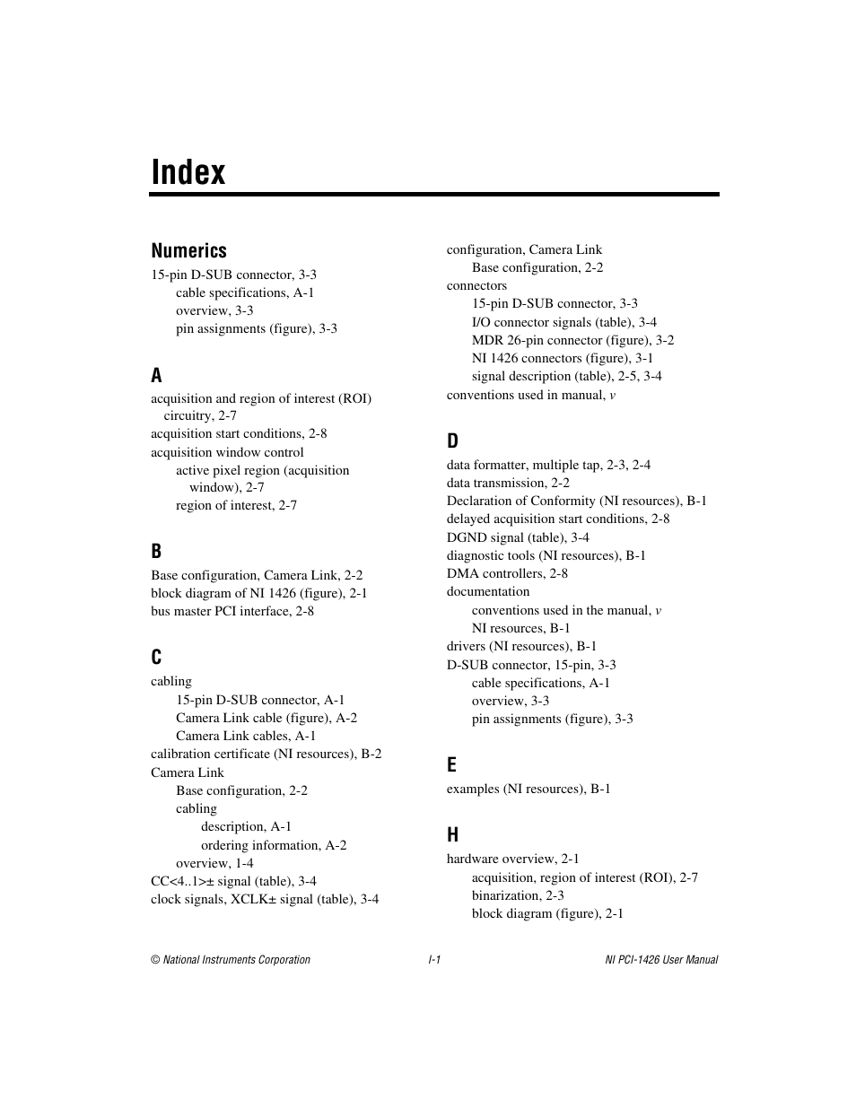 Index, Numerics | National Instruments Interface Device NI PCI-1426 User Manual | Page 33 / 35