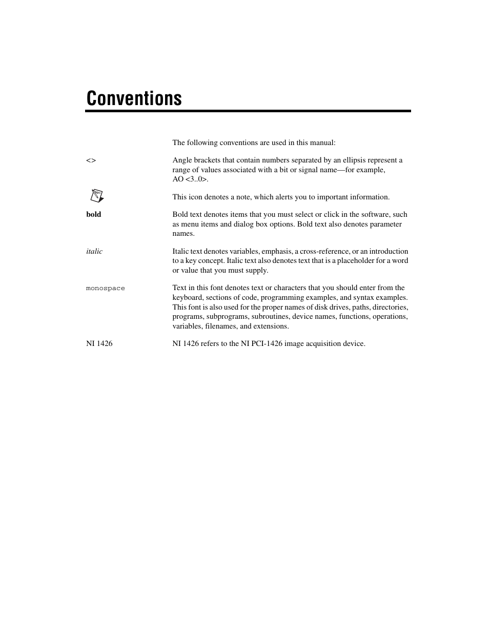 Conventions | National Instruments Interface Device NI PCI-1426 User Manual | Page 5 / 35