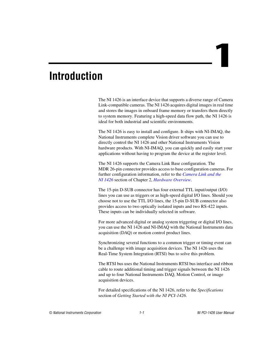 Chapter 1 introduction, Introduction | National Instruments Interface Device NI PCI-1426 User Manual | Page 8 / 35