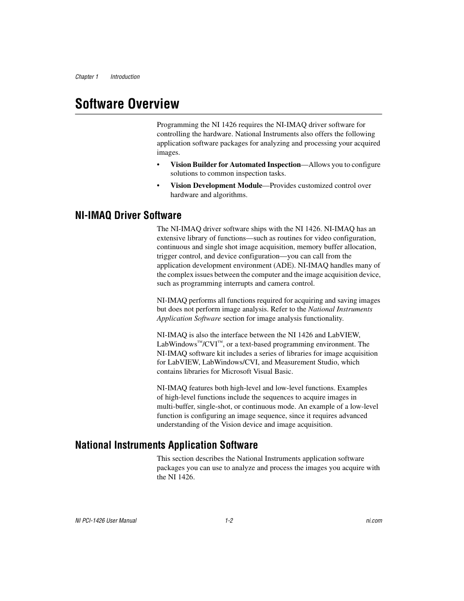 Software overview, Ni-imaq driver software, National instruments application software | Software overview -2 | National Instruments Interface Device NI PCI-1426 User Manual | Page 9 / 35