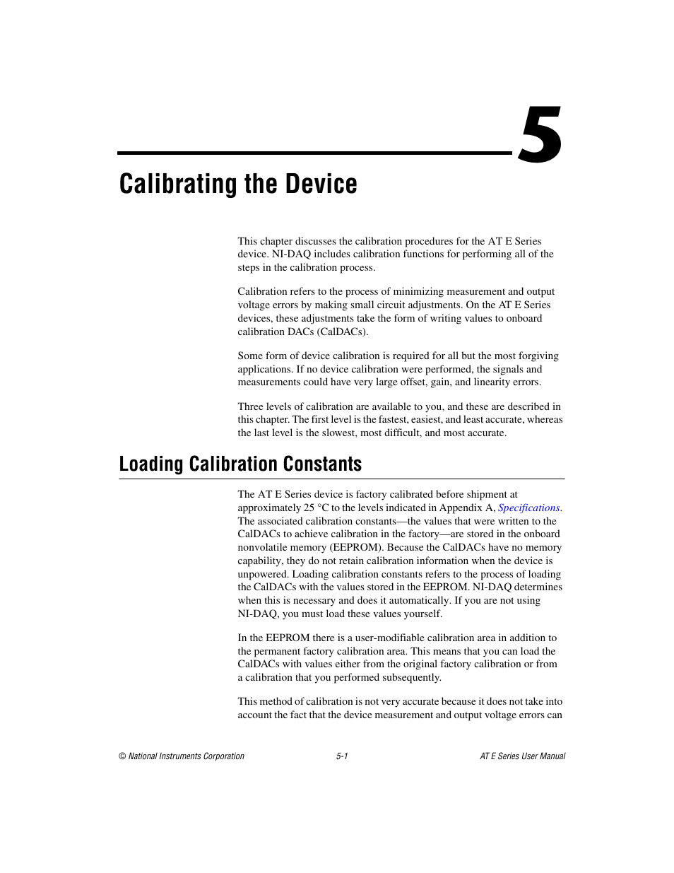 Chapter 5 calibrating the device, Loading calibration constants, Loading calibration constants -1 | Calibrating the device | National Instruments AT E Series User Manual | Page 103 / 184