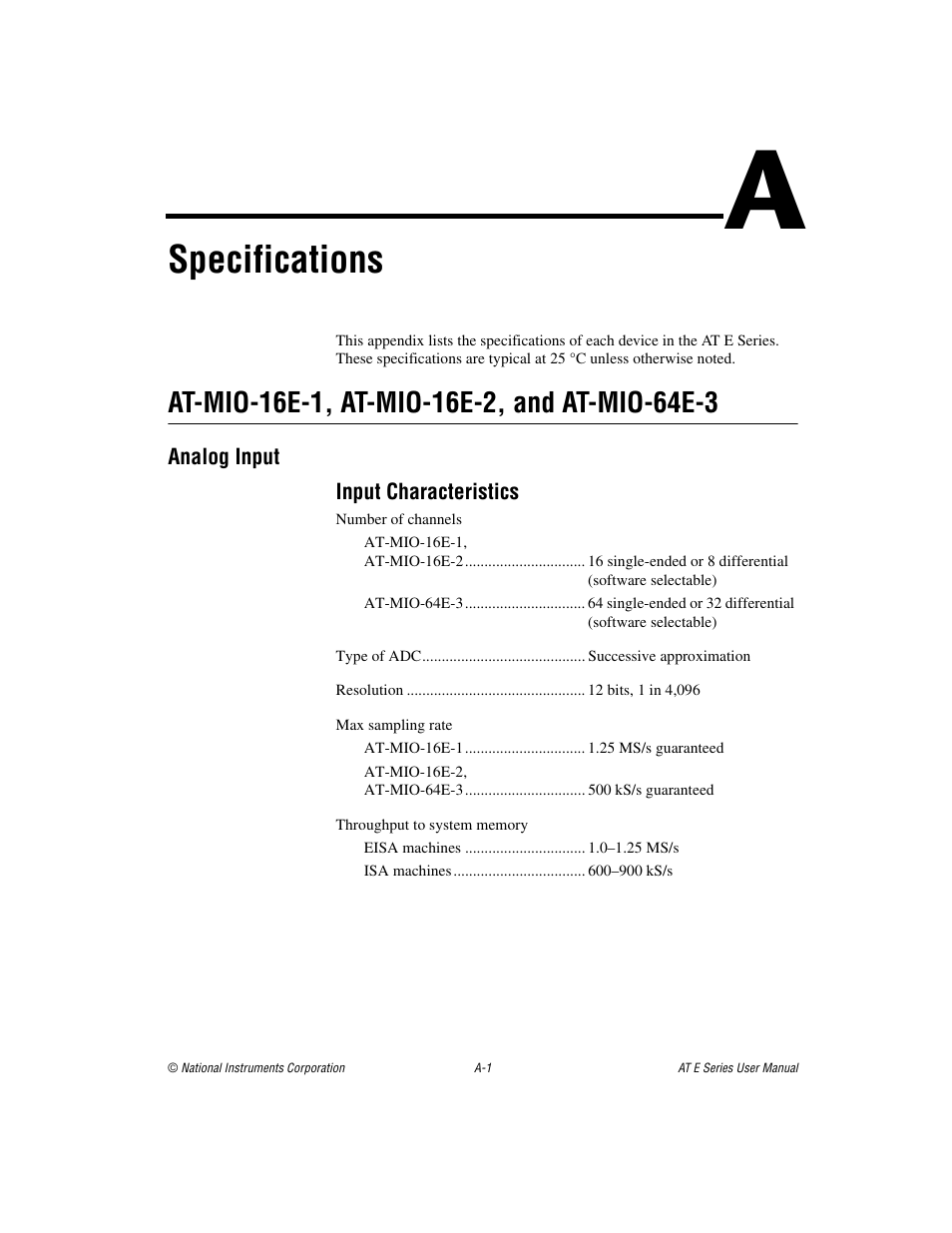 Appendix a specifications, Specifications | National Instruments AT E Series User Manual | Page 106 / 184