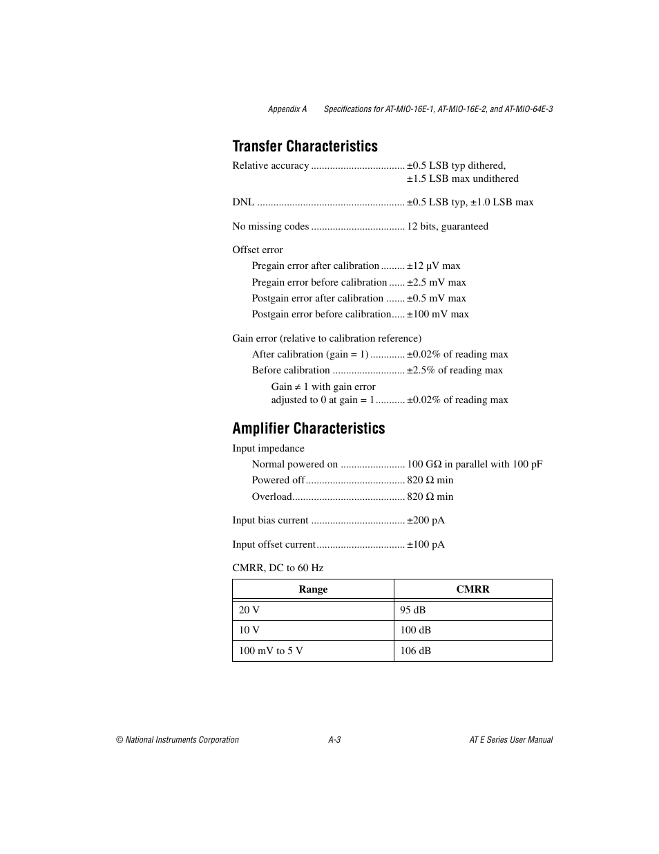 Transfer characteristics, Amplifier characteristics | National Instruments AT E Series User Manual | Page 108 / 184
