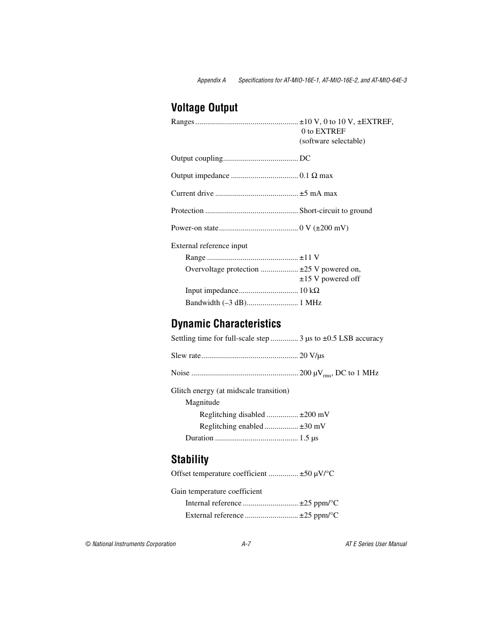 Voltage output, Dynamic characteristics, Stability | National Instruments AT E Series User Manual | Page 112 / 184