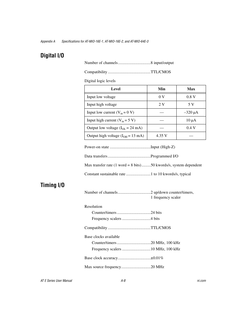 Digital i/o, Timing i/o | National Instruments AT E Series User Manual | Page 113 / 184