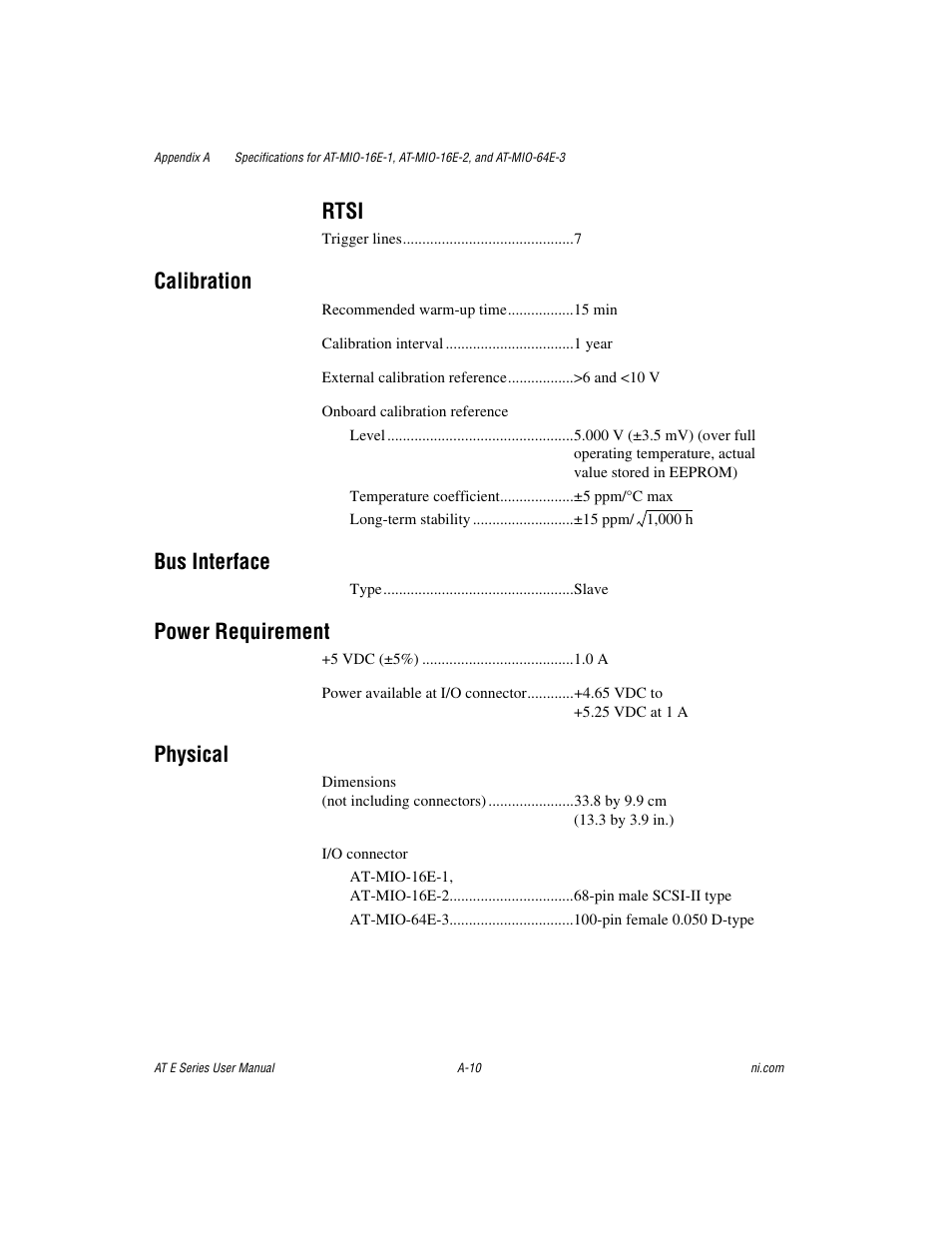 Rtsi, Calibration, Bus interface | Power requirement, Physical | National Instruments AT E Series User Manual | Page 115 / 184