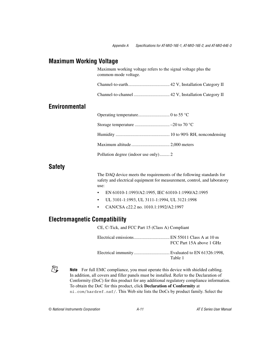 Maximum working voltage, Environmental, Safety | Electromagnetic compatibility | National Instruments AT E Series User Manual | Page 116 / 184