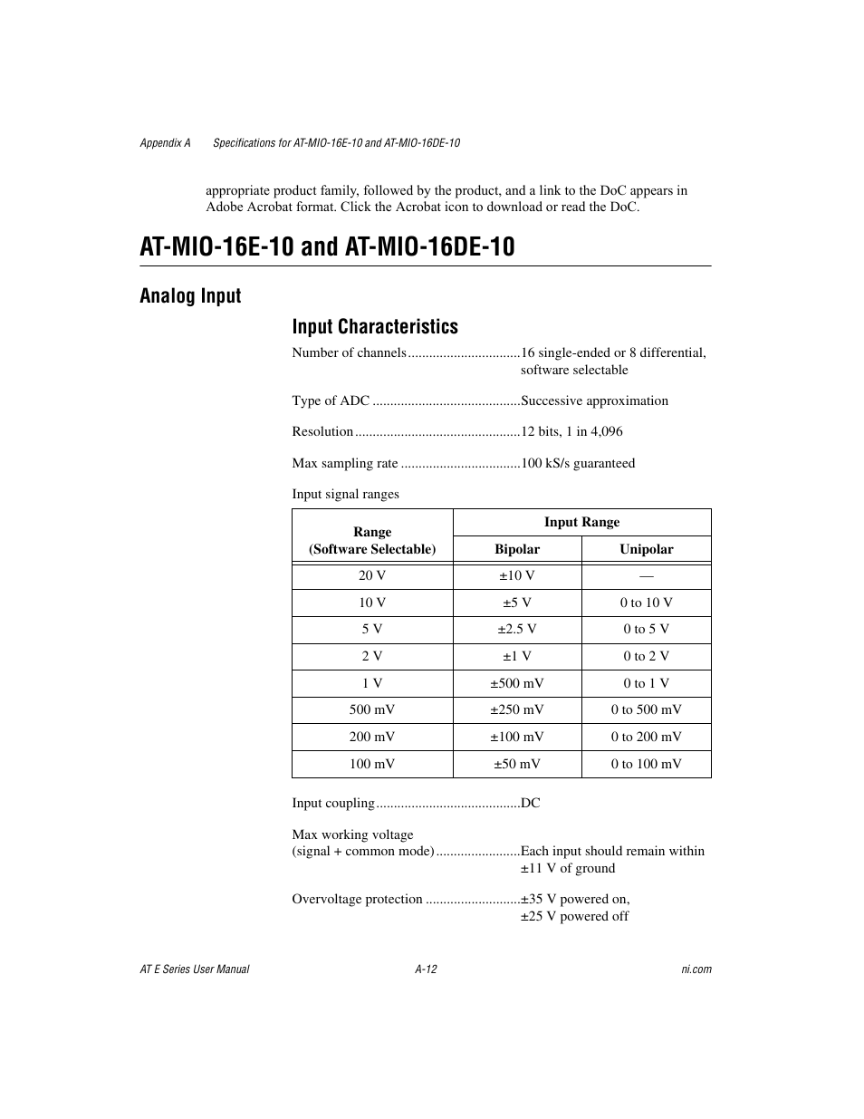 Analog input input characteristics | National Instruments AT E Series User Manual | Page 117 / 184