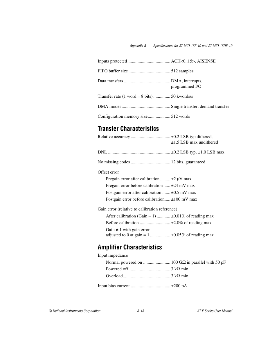 Transfer characteristics, Amplifier characteristics | National Instruments AT E Series User Manual | Page 118 / 184