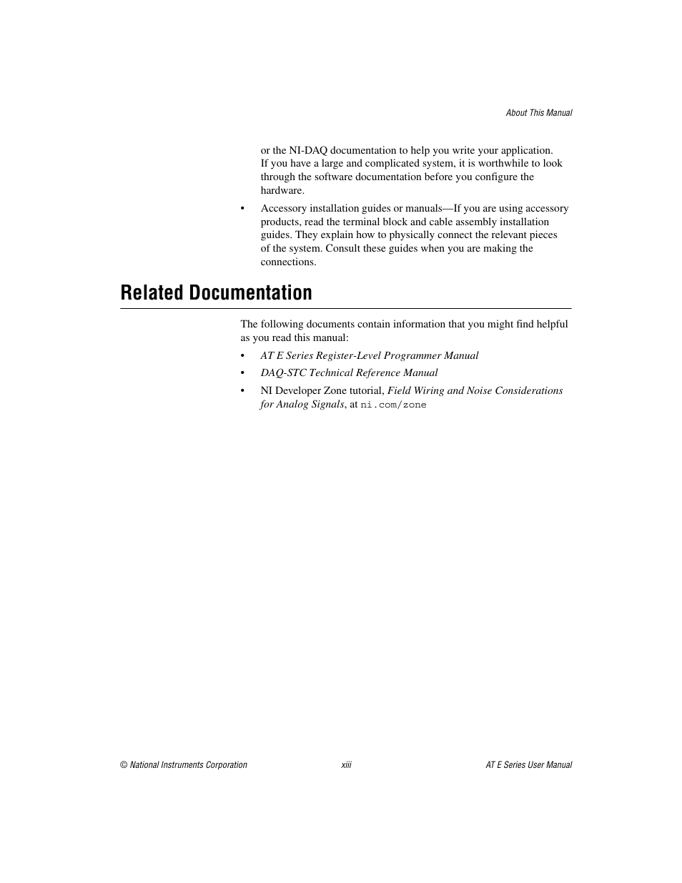 Related documentation | National Instruments AT E Series User Manual | Page 12 / 184