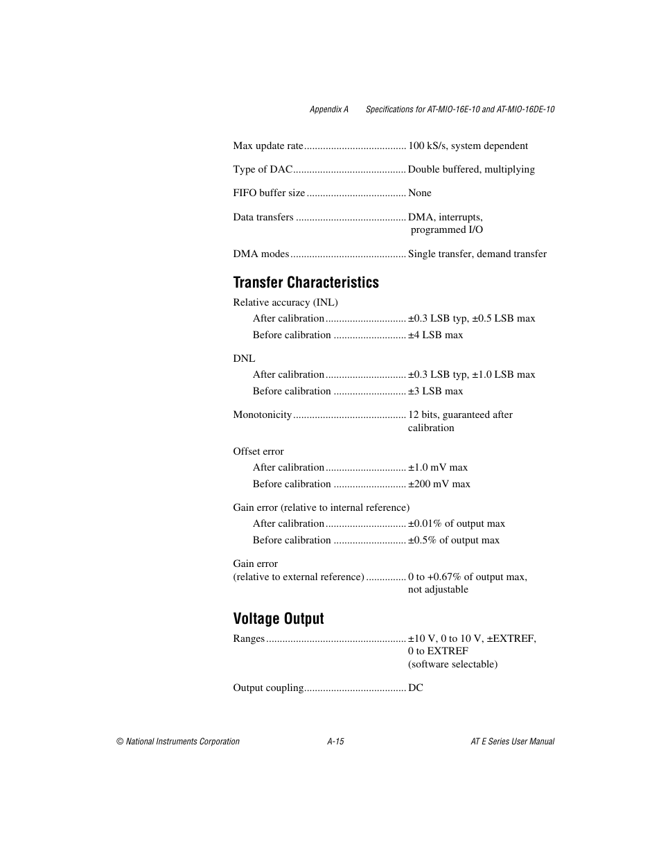 Transfer characteristics, Voltage output | National Instruments AT E Series User Manual | Page 120 / 184