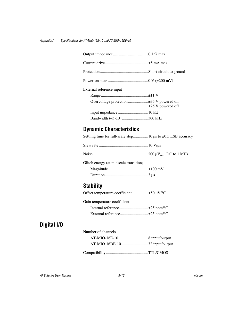 Dynamic characteristics, Stability, Digital i/o | National Instruments AT E Series User Manual | Page 121 / 184