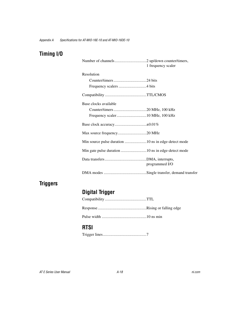 Timing i/o, Triggers digital trigger, Rtsi | National Instruments AT E Series User Manual | Page 123 / 184