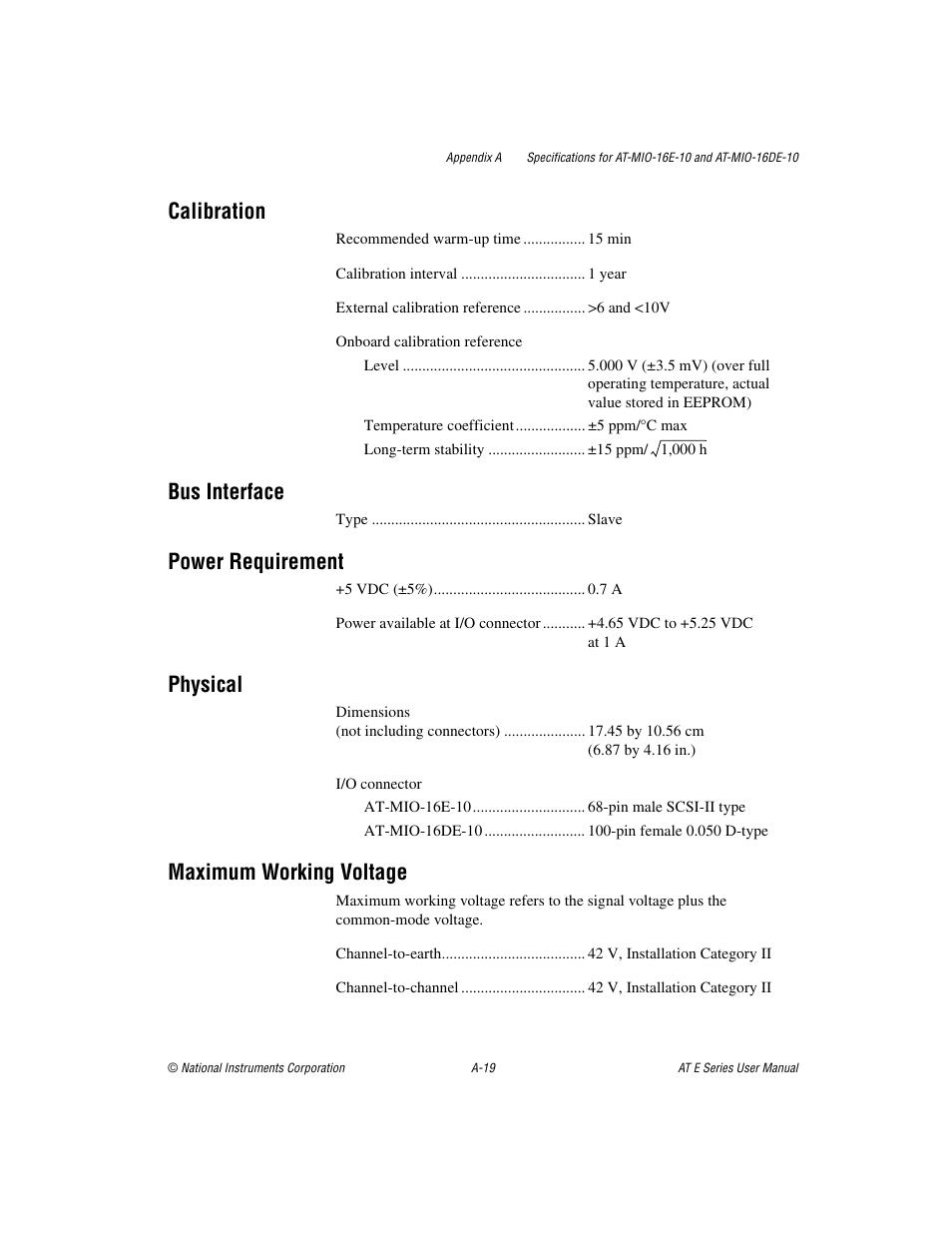 Calibration, Bus interface, Power requirement | Physical, Maximum working voltage | National Instruments AT E Series User Manual | Page 124 / 184