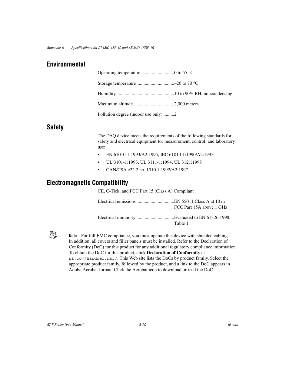 Environmental, Safety, Electromagnetic compatibility | National Instruments AT E Series User Manual | Page 125 / 184