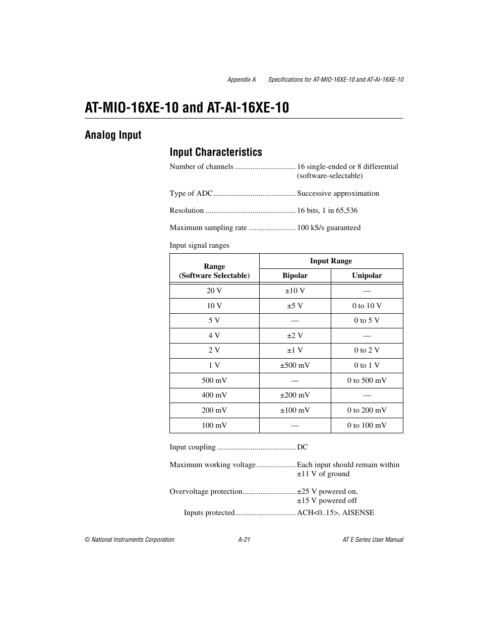 Analog input input characteristics | National Instruments AT E Series User Manual | Page 126 / 184