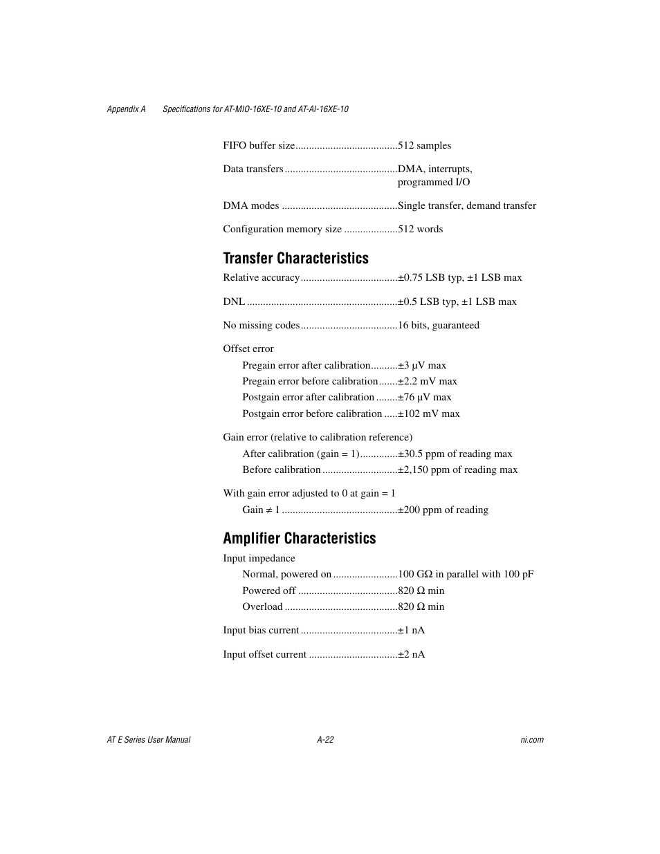 Transfer characteristics, Amplifier characteristics | National Instruments AT E Series User Manual | Page 127 / 184