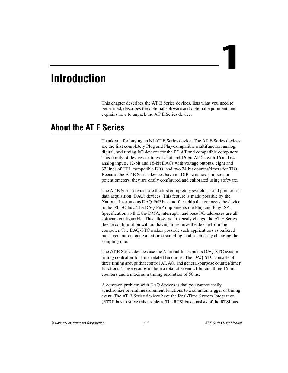 Chapter 1 introduction, About the ateseries, About the at e series -1 | Introduction | National Instruments AT E Series User Manual | Page 13 / 184