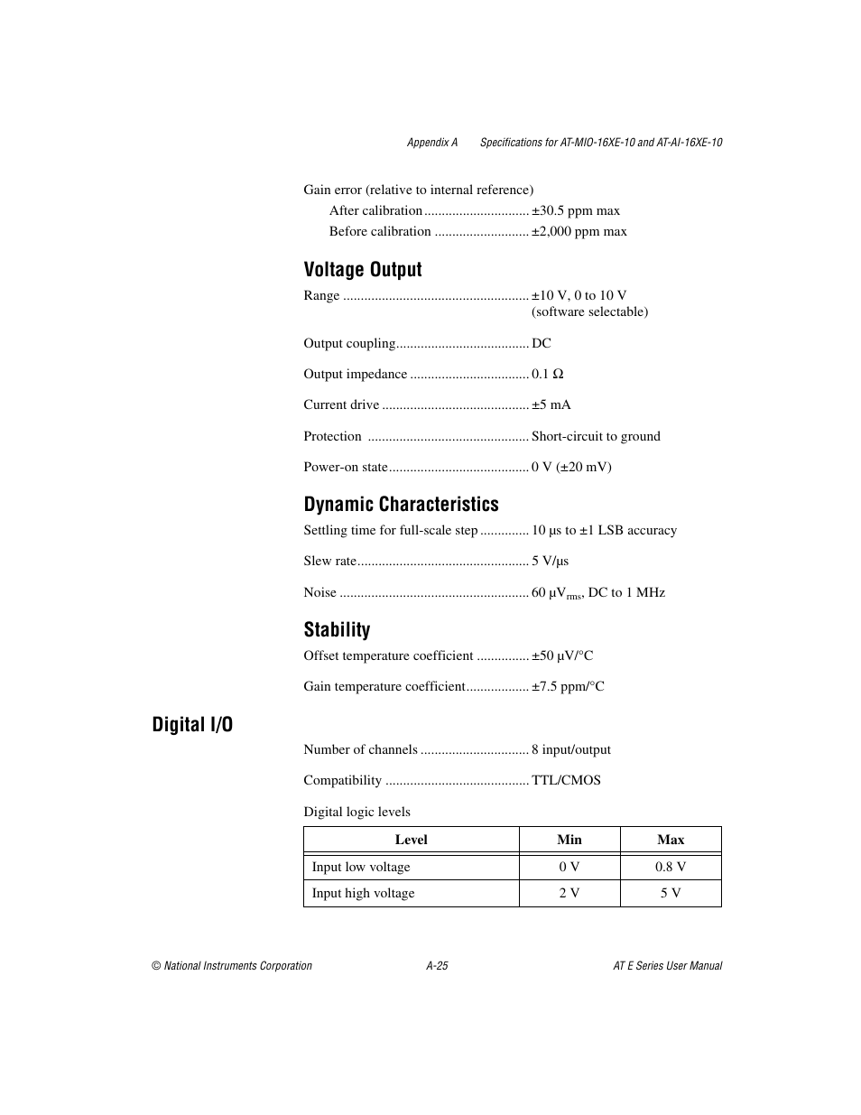 Voltage output, Dynamic characteristics, Stability | Digital i/o | National Instruments AT E Series User Manual | Page 130 / 184