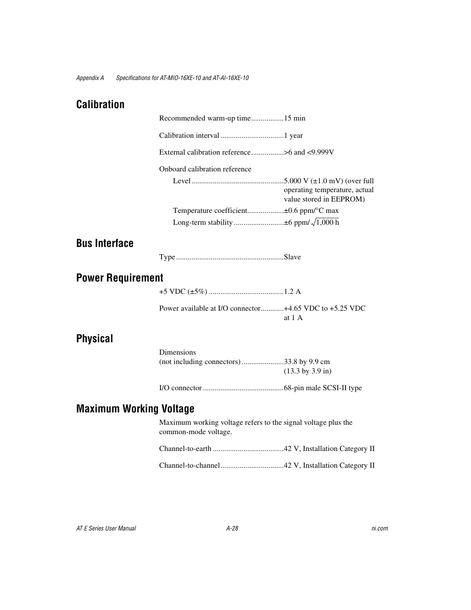Calibration, Bus interface, Power requirement | Physical, Maximum working voltage | National Instruments AT E Series User Manual | Page 133 / 184
