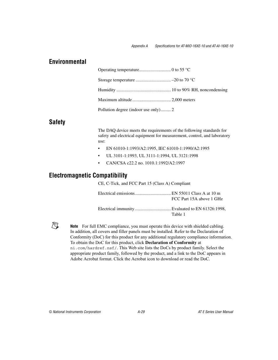 Environmental, Safety, Electromagnetic compatibility | National Instruments AT E Series User Manual | Page 134 / 184