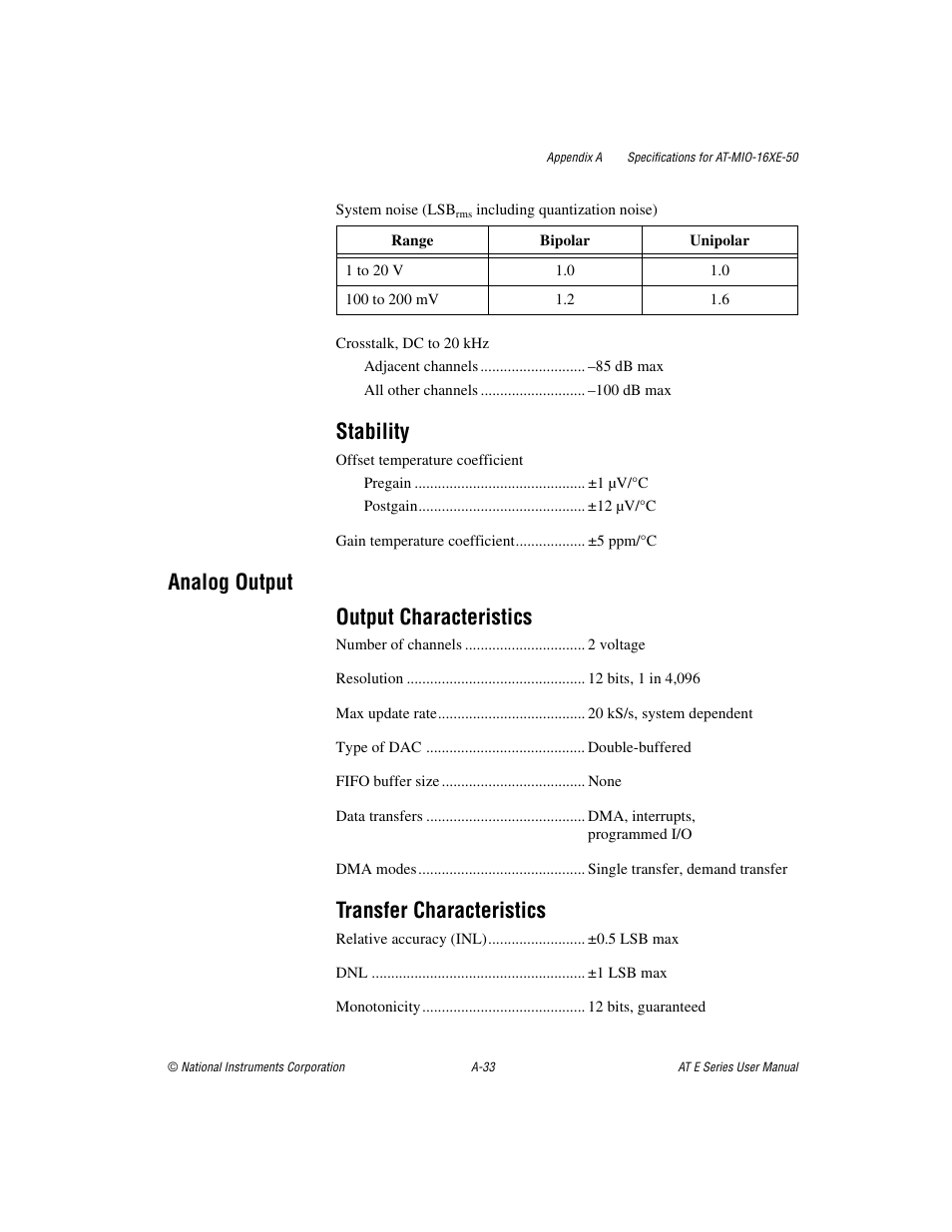 Stability, Analog output output characteristics, Transfer characteristics | National Instruments AT E Series User Manual | Page 138 / 184