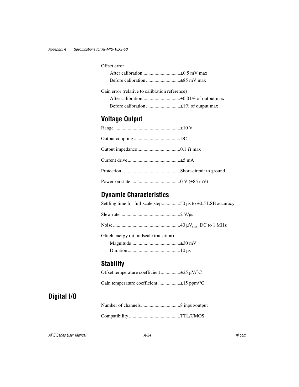 Voltage output, Dynamic characteristics, Stability | Digital i/o | National Instruments AT E Series User Manual | Page 139 / 184