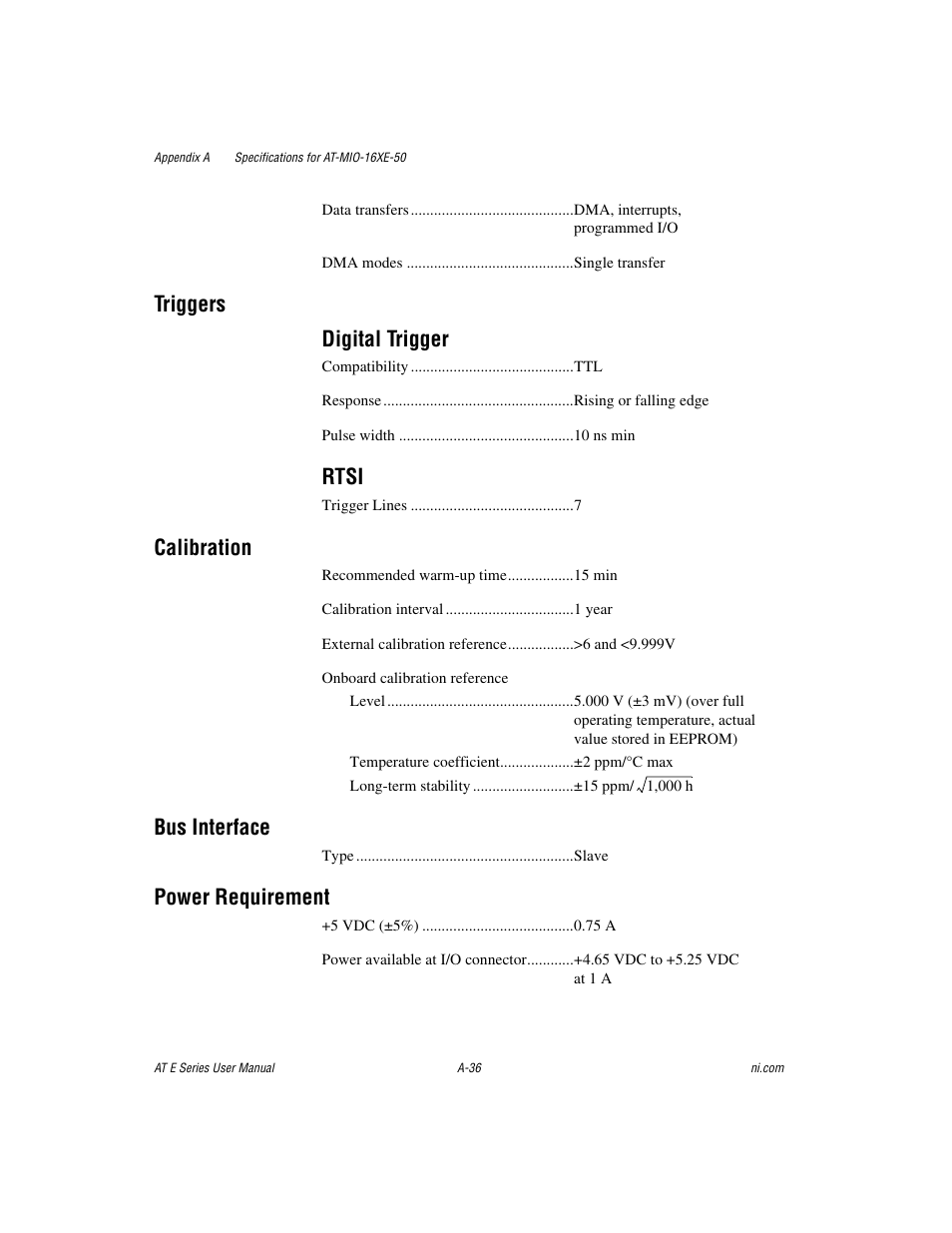 Triggers digital trigger, Rtsi, Calibration | Bus interface, Power requirement | National Instruments AT E Series User Manual | Page 141 / 184