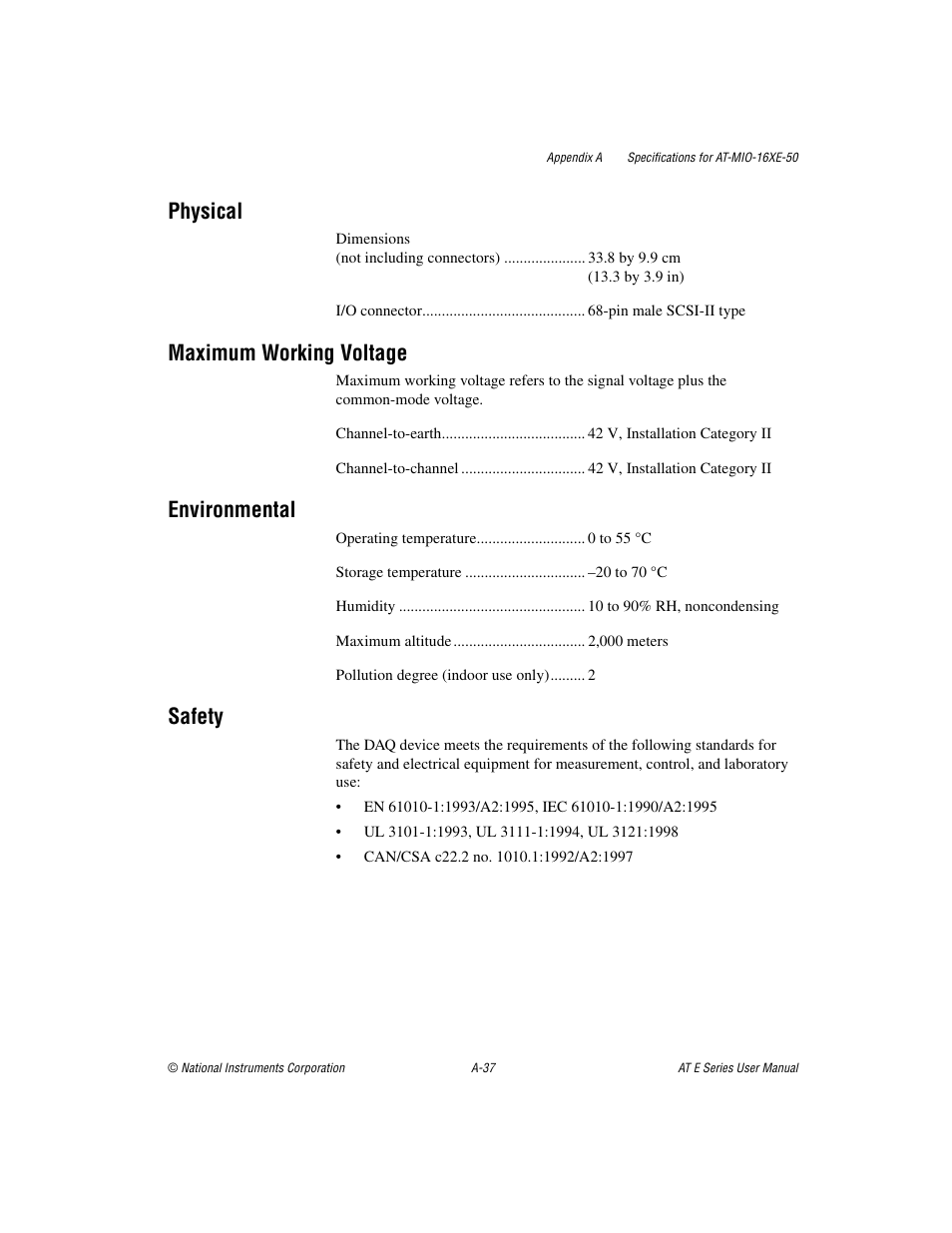 Physical, Maximum working voltage, Environmental | Safety | National Instruments AT E Series User Manual | Page 142 / 184