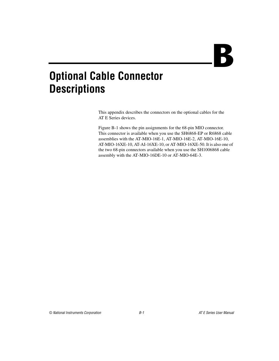 Appendix b optional cable connector descriptions, Optional cable connector, Descriptions | Optional cable connector descriptions | National Instruments AT E Series User Manual | Page 146 / 184
