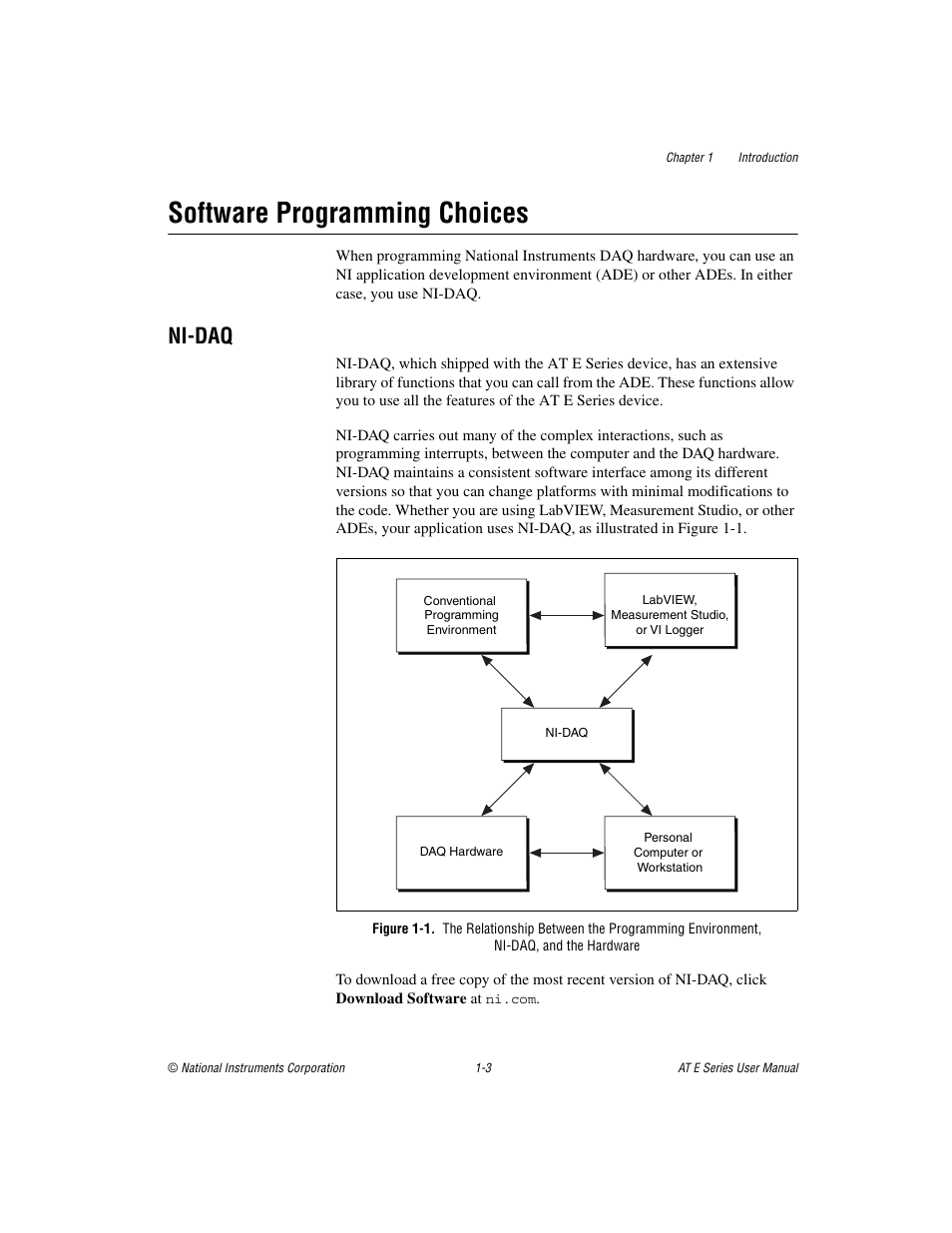 Software programming choices, Ni-daq, Software programming choices -3 | Ni-daq -3 | National Instruments AT E Series User Manual | Page 15 / 184