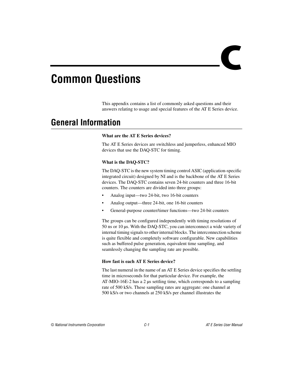 Appendix c common questions, Common questions, General information | National Instruments AT E Series User Manual | Page 153 / 184