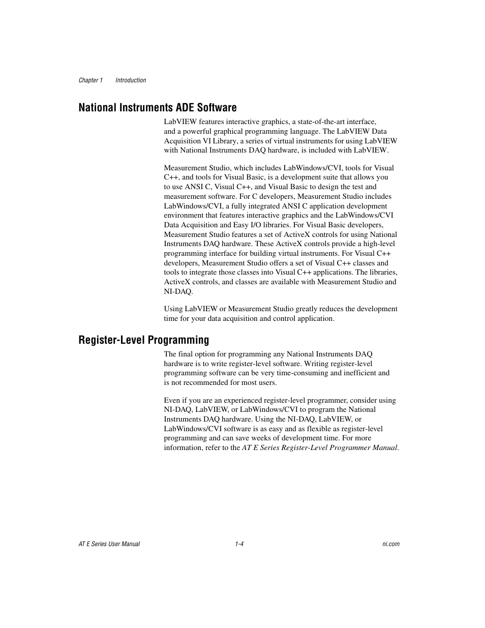 National instruments ade software, Register-level programming | National Instruments AT E Series User Manual | Page 16 / 184