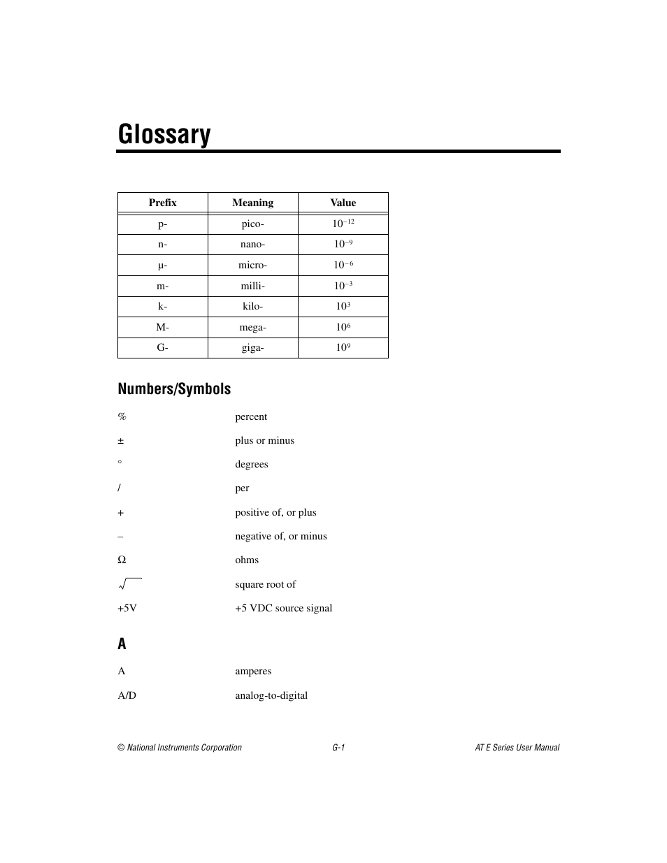 Glossary, Numbers/symbols | National Instruments AT E Series User Manual | Page 164 / 184