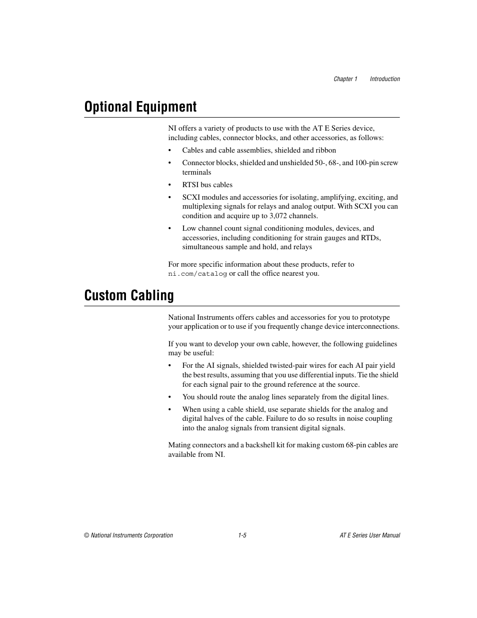 Optional equipment, Custom cabling, Optional equipment -5 custom cabling -5 | National Instruments AT E Series User Manual | Page 17 / 184