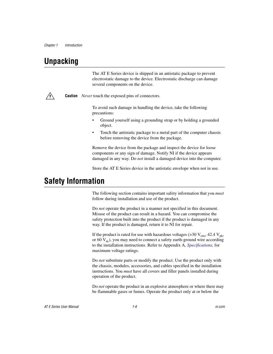 Unpacking, Safety information, Unpacking -6 safety information -6 | National Instruments AT E Series User Manual | Page 18 / 184