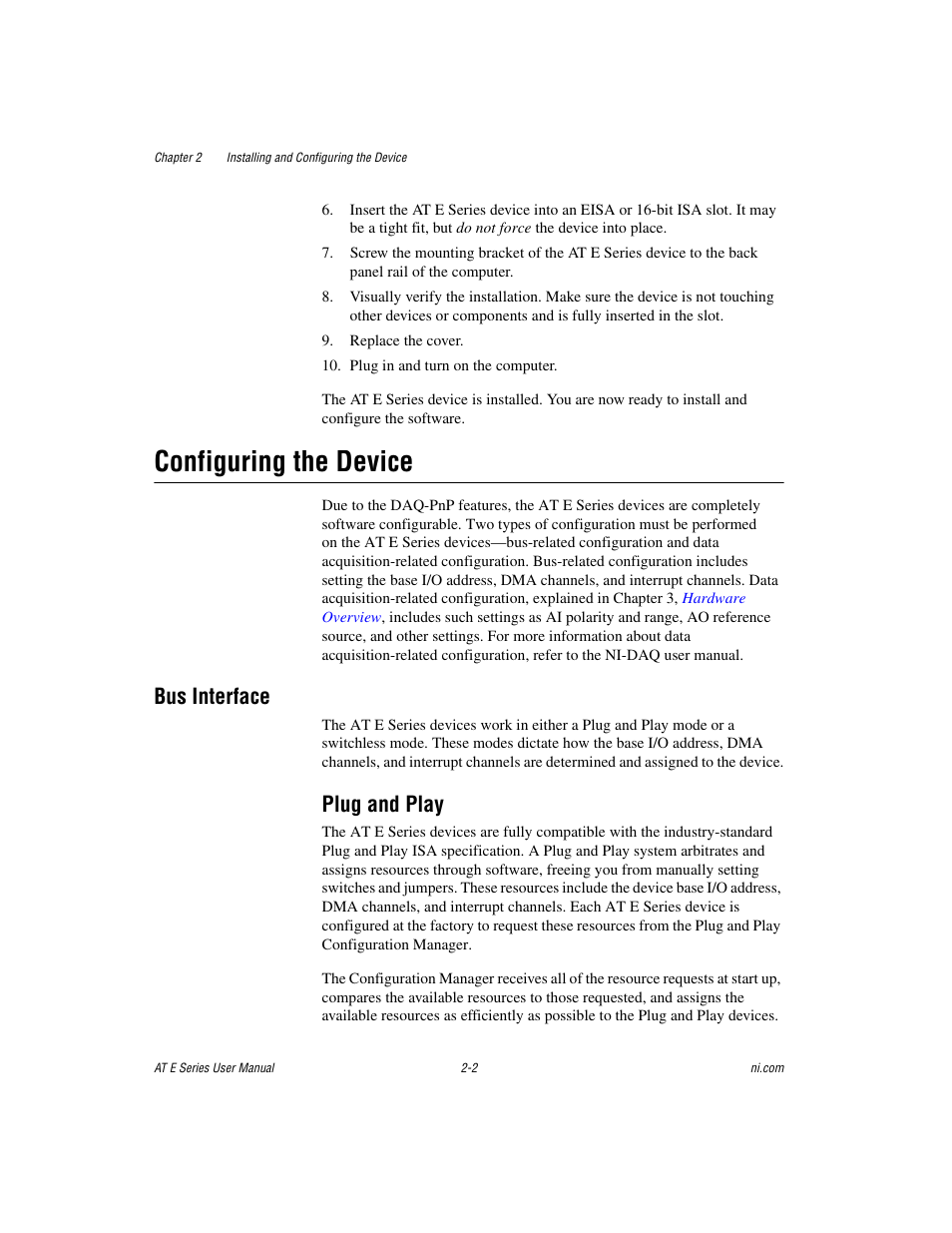 Configuring the device, Bus interface, Plug and play | Configuring the device -2, Bus interface -2, Plug and play -2 | National Instruments AT E Series User Manual | Page 22 / 184