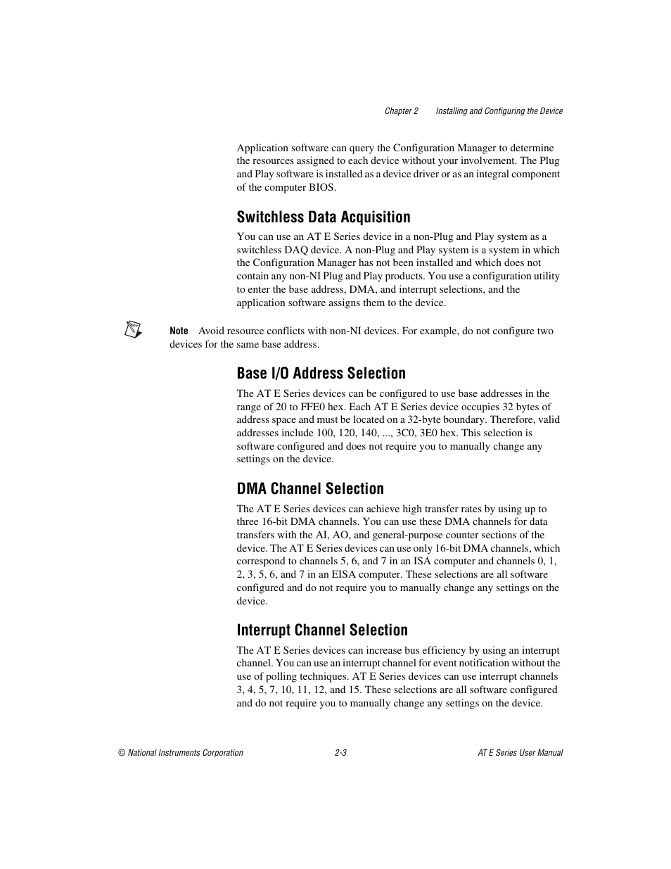 Switchless data acquisition, Base i/o address selection, Dma channel selection | Interrupt channel selection | National Instruments AT E Series User Manual | Page 23 / 184