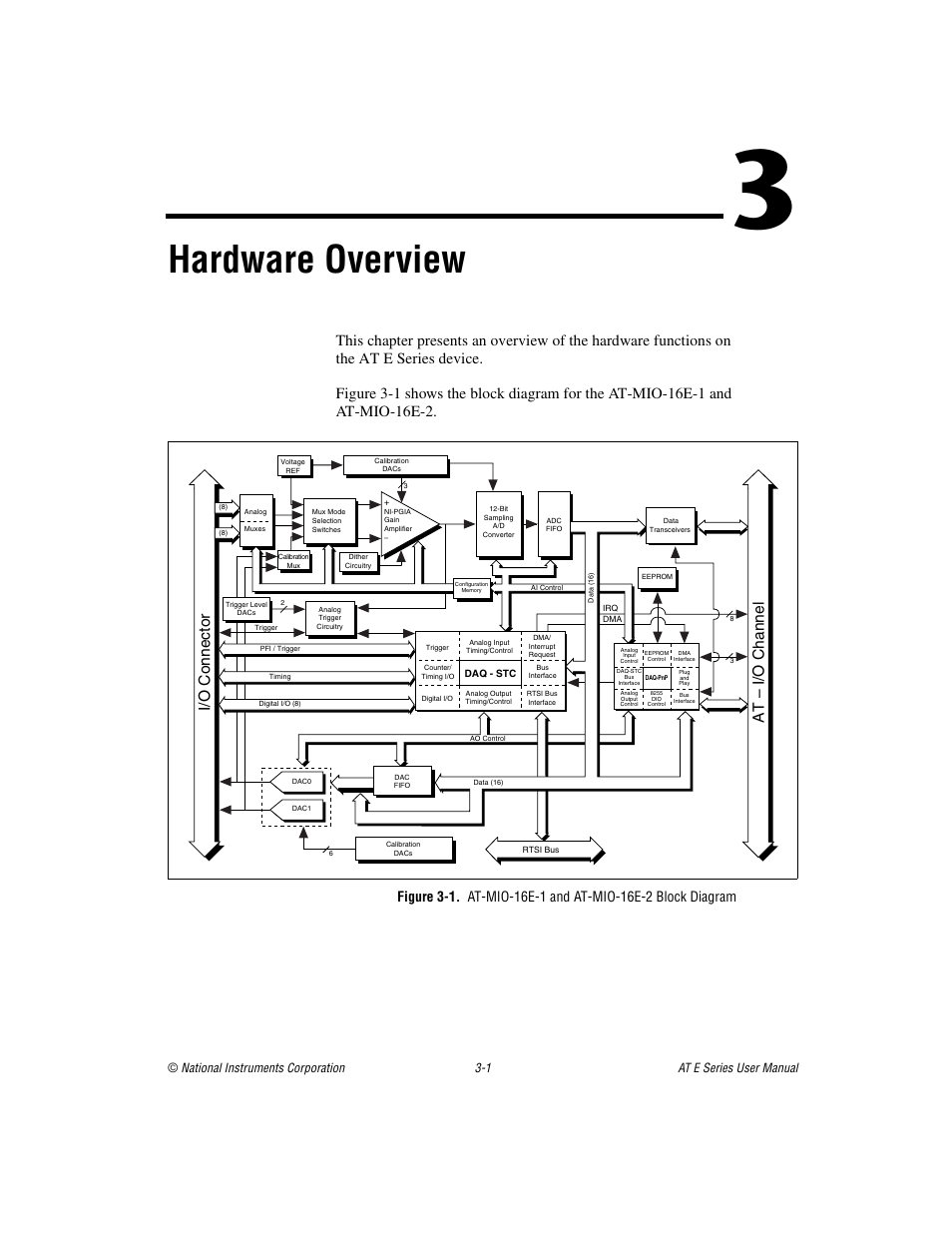 Chapter 3 hardware overview, Hardware overview, I/o connector | At – i/o channel | National Instruments AT E Series User Manual | Page 27 / 184