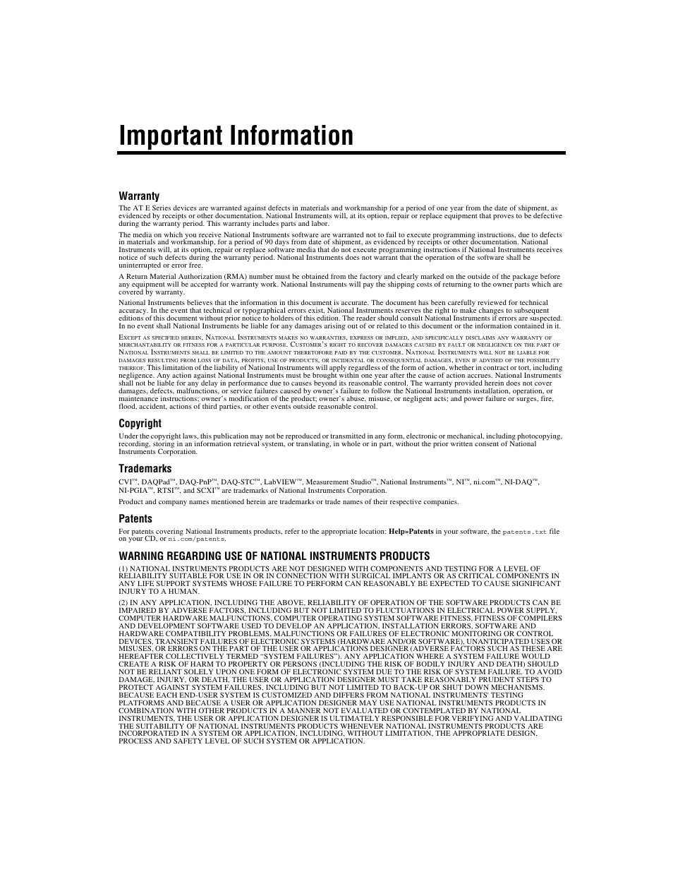 Important information, Warranty, Copyright | Trademarks, Patents | National Instruments AT E Series User Manual | Page 3 / 184