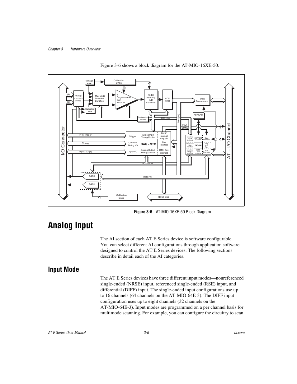 Figure 3-6. at-mio-16xe-50 block diagram, Analog input, Input mode | Analog input -6, Input mode -6, I/o connector, At – i/o channel | National Instruments AT E Series User Manual | Page 32 / 184