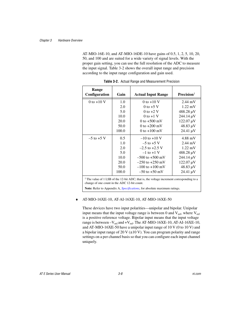 Table 3-2. actual range and measurement precision | National Instruments AT E Series User Manual | Page 34 / 184