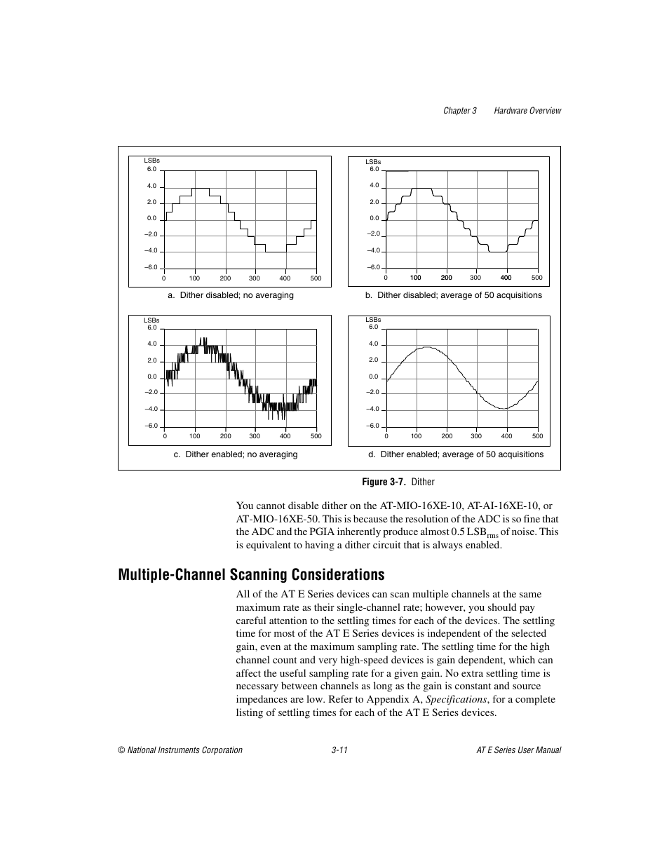 Figure 3-7. dither, Multiple-channel scanning considerations, Multiple-channel scanning considerations -11 | Gure 3-7, Gure 3-7a, Figure 3-7b, Figure 3-7 | National Instruments AT E Series User Manual | Page 37 / 184