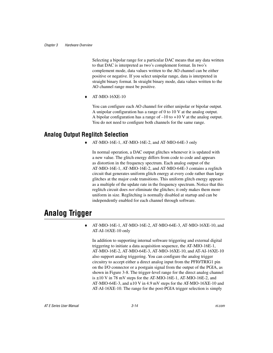 Analog output reglitch selection, Analog trigger, Analog output reglitch selection -14 | Analog trigger -14 | National Instruments AT E Series User Manual | Page 40 / 184