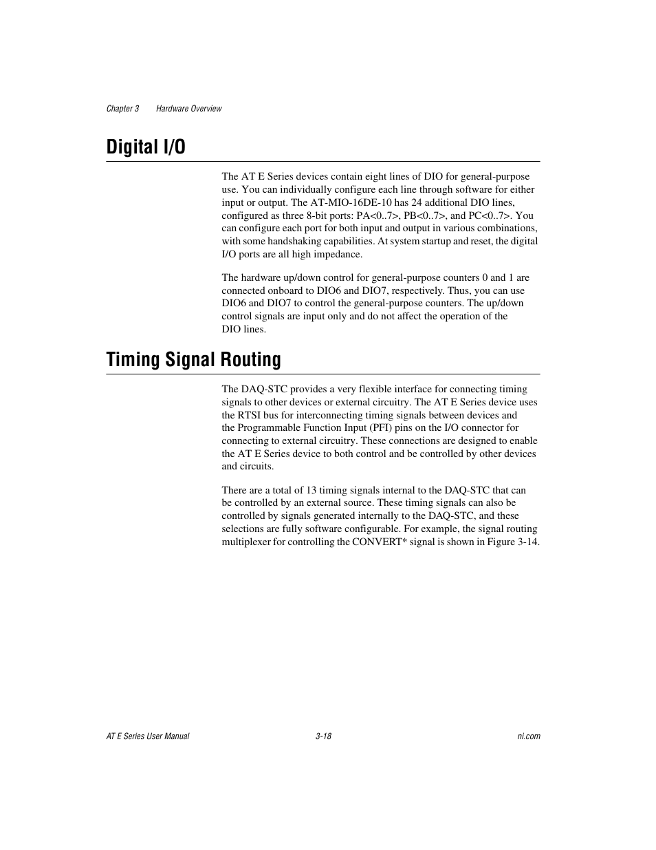 Digital i/o, Timing signal routing, Digital i/o -18 timing signal routing -18 | National Instruments AT E Series User Manual | Page 44 / 184