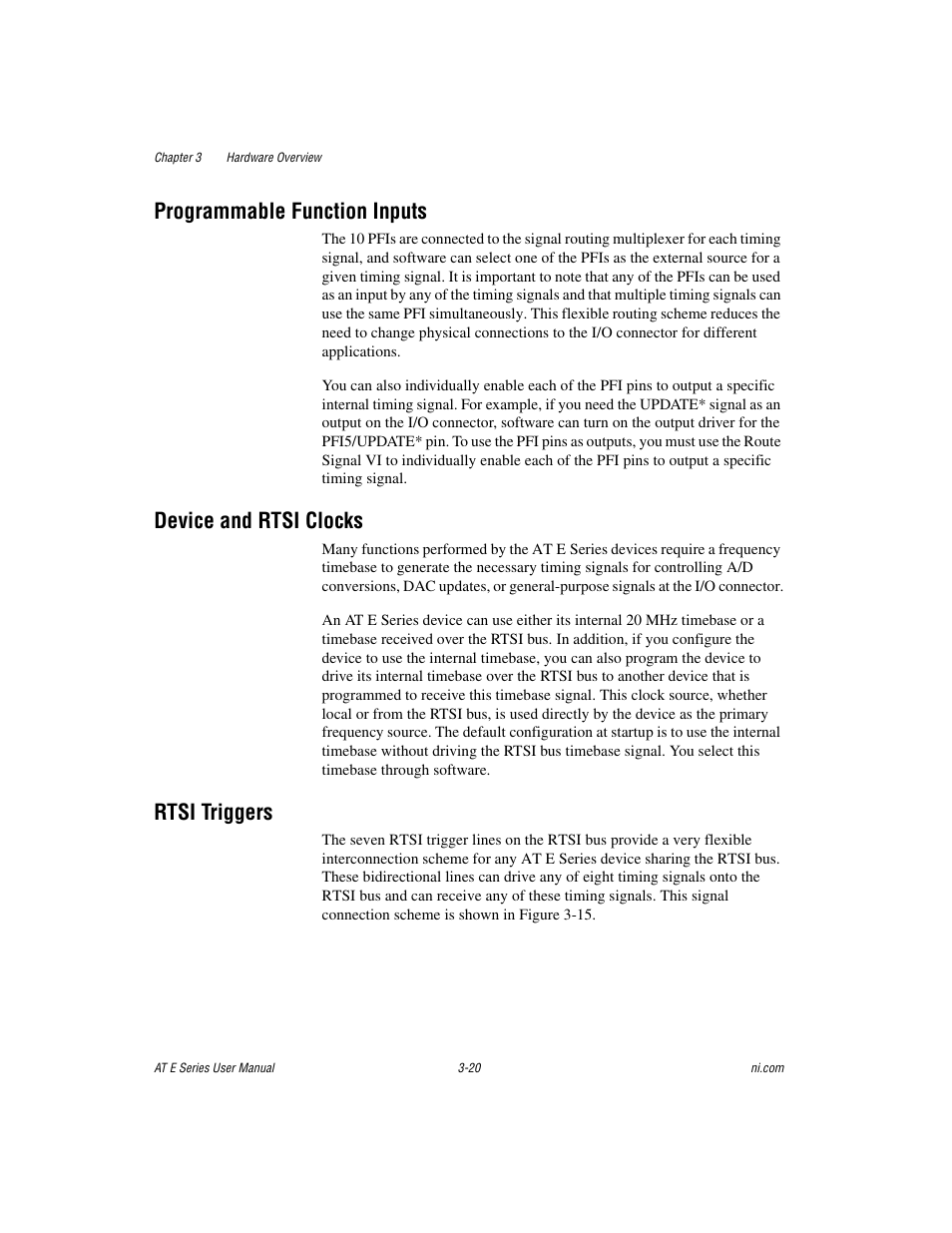 Programmable function inputs, Device and rtsi clocks, Rtsi triggers | National Instruments AT E Series User Manual | Page 46 / 184