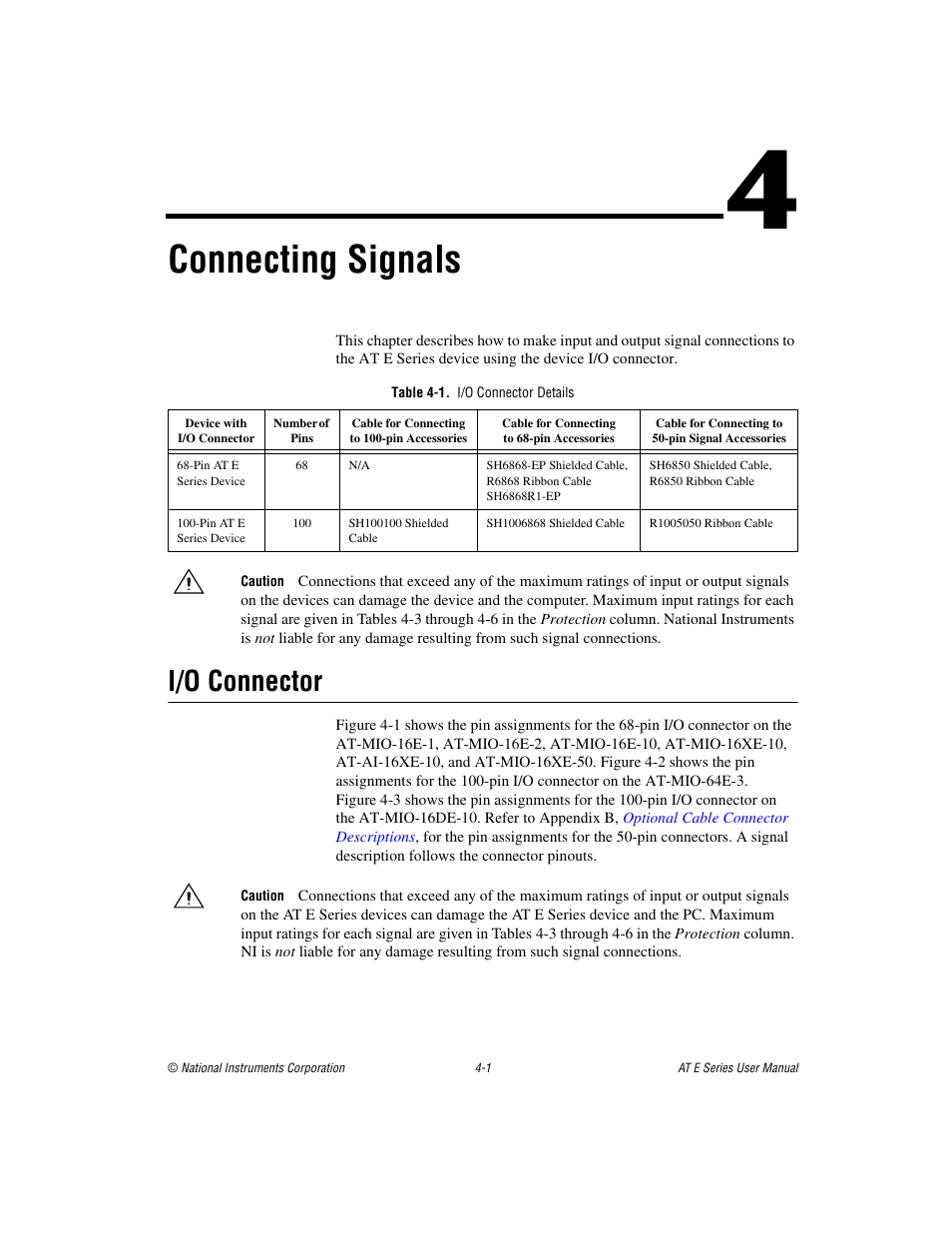 Chapter 4 connecting signals, Table 4-1. i/o connector details, I/o connector | I/o connector -1, Connecting, Signals, Connecting signals, Er 4 | National Instruments AT E Series User Manual | Page 48 / 184