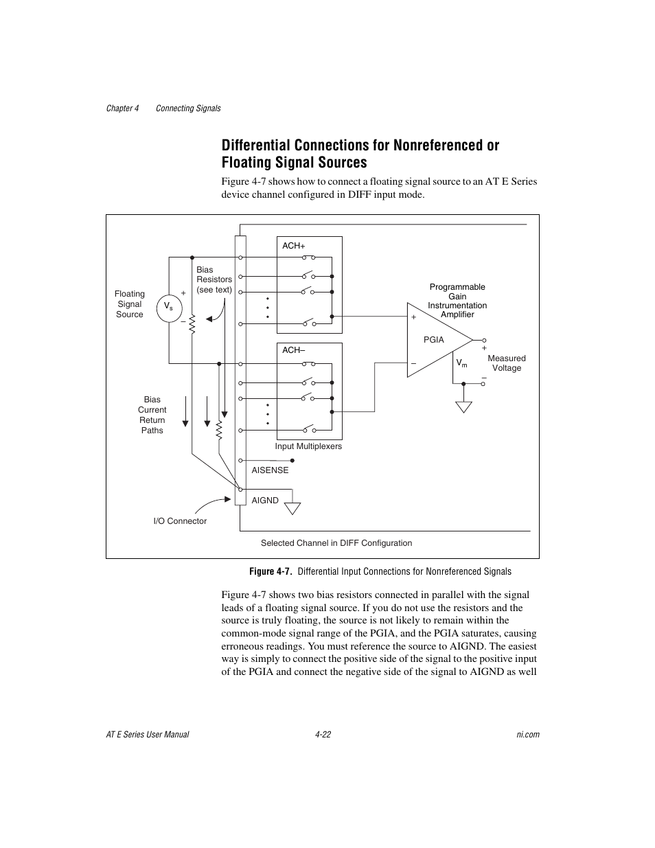 Differential connections for nonreferenced or, Floating signal sources -22 | National Instruments AT E Series User Manual | Page 69 / 184