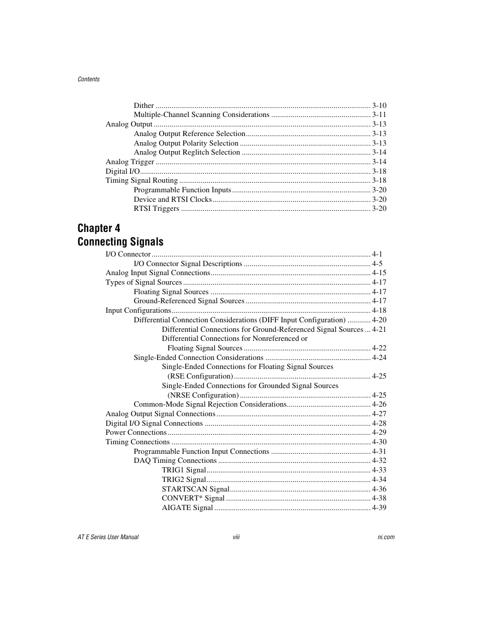 Chapter 4 connecting signals | National Instruments AT E Series User Manual | Page 7 / 184