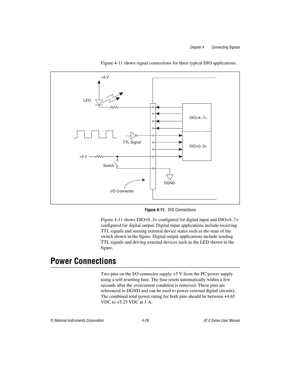 Figure 4-11. dio connections, Power connections, Power connections -29 | National Instruments AT E Series User Manual | Page 76 / 184